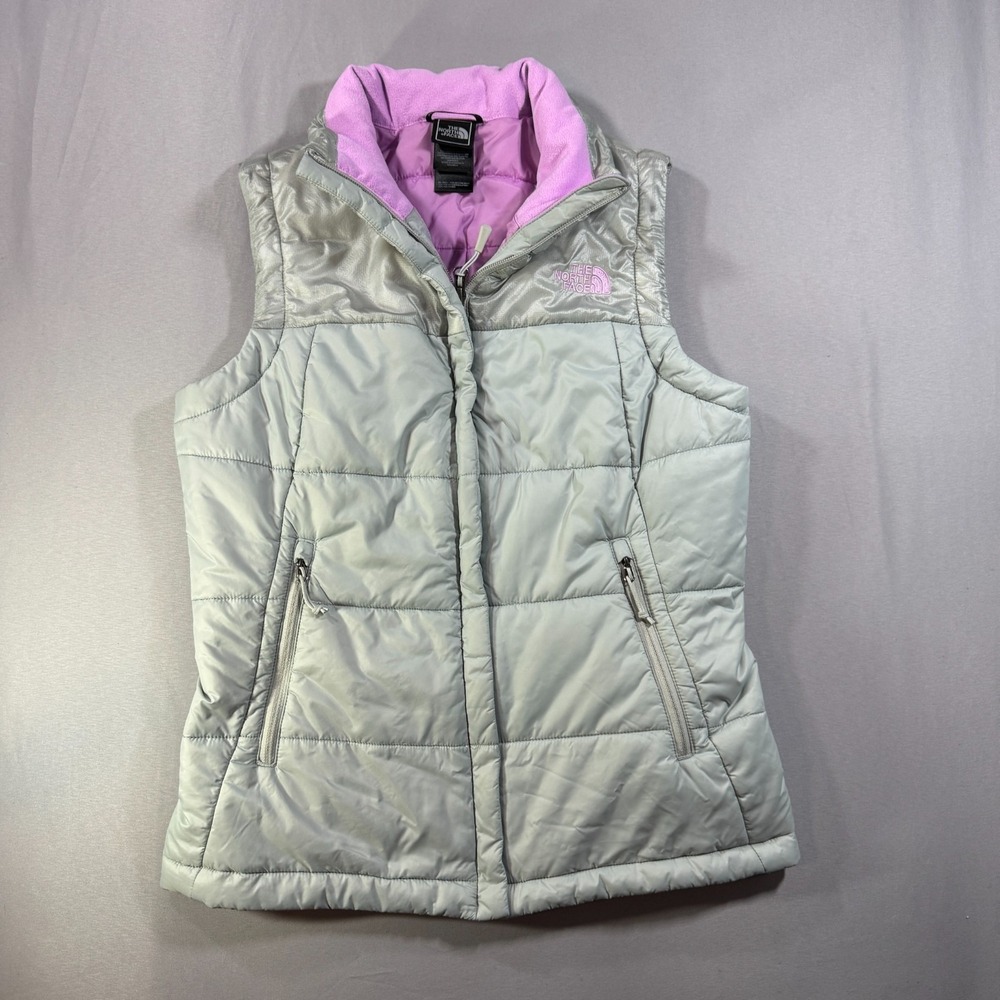 The North Face Womens Small Gray Lavender Puffer Vest Quilted Full Zip Fleece